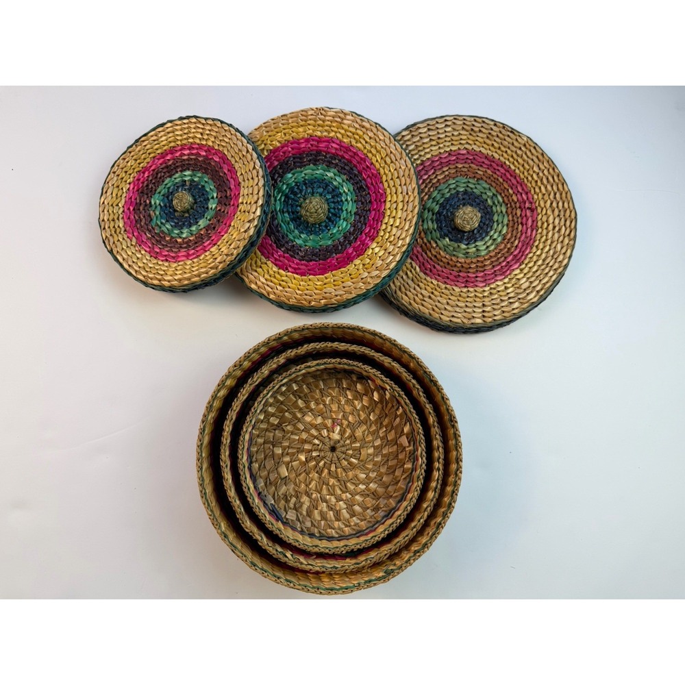 Vintage Woven Straw Nesting Baskets Set of 3 Lidded Boho Decor 1970s Striped